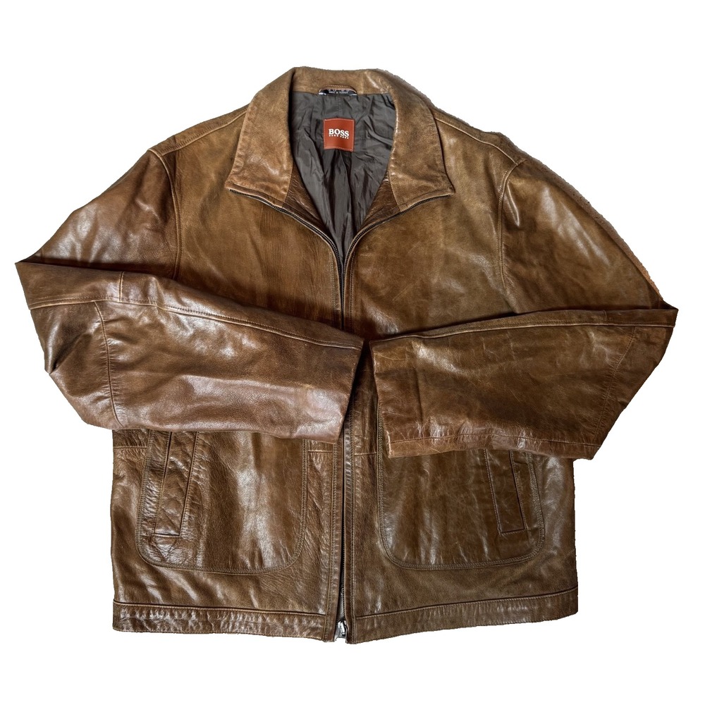Vintage Hugo Boss Orange Label Brown‎ Soft Goatskin Leather Jacket Men's L Rare!